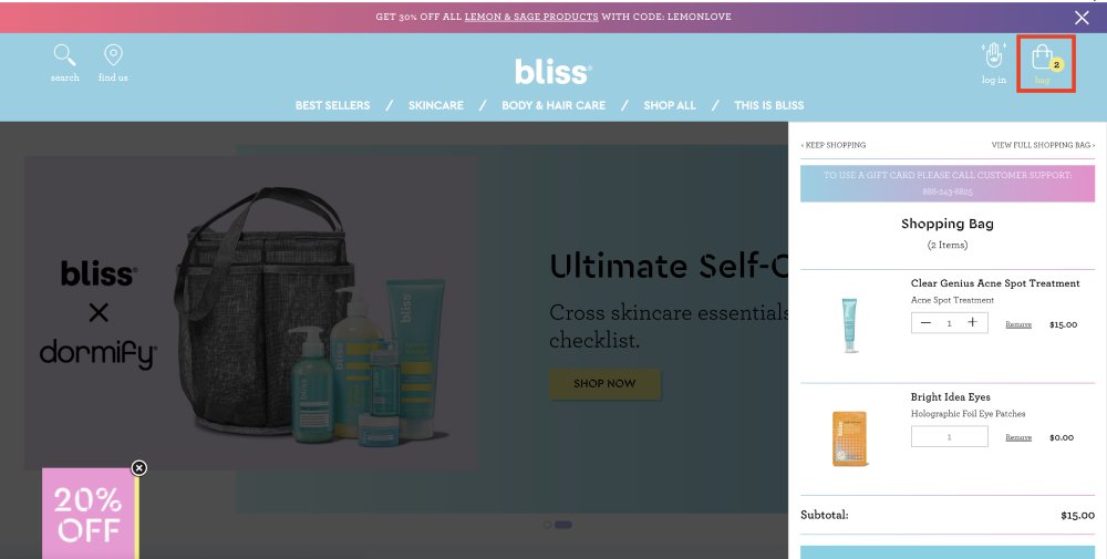 shopping cart menu on bliss website