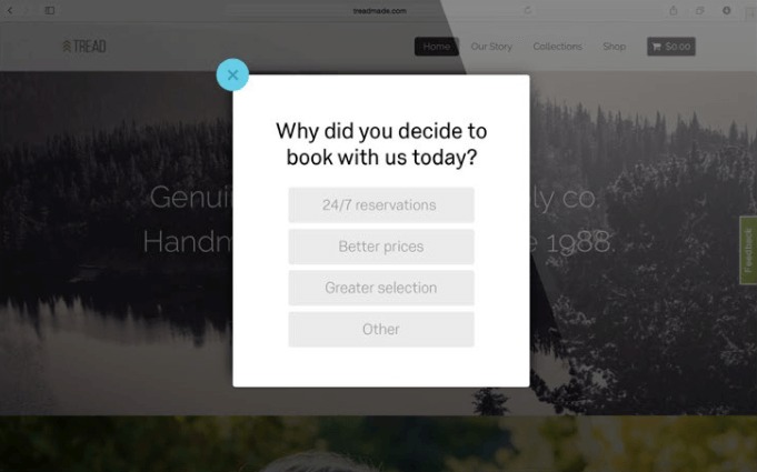 example of a pop-up survey on a website to get customer feedback