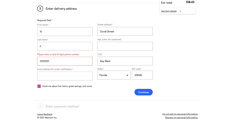 Walmart using form validation 