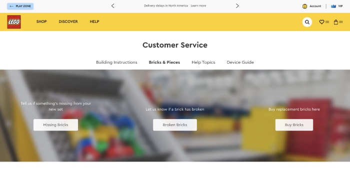 lego's customer service page on its webite