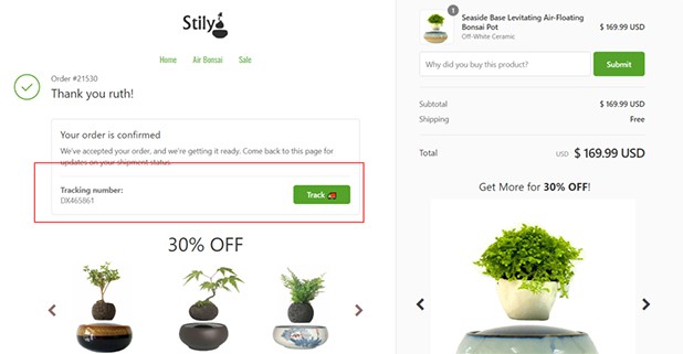 tracking number on thank you page - example