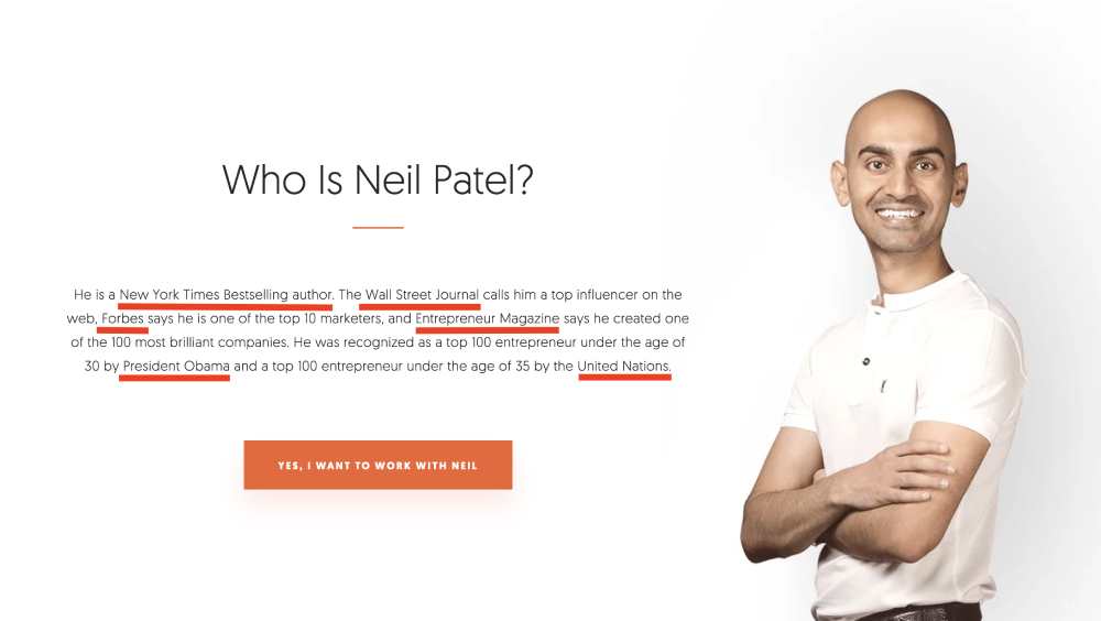 example of authority from Neil Patel. He associates his name with other authorities to increase credibility.