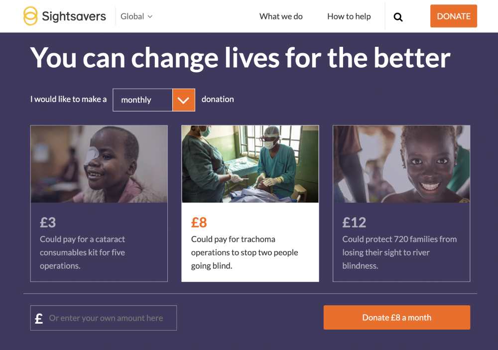 example of pique technique from sightsavers. It asks for unusual amounts that don't end in 0 or 5 to increase donation rate