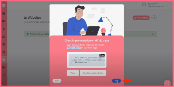 Click the next button on WatchThemLive after pasting the code 