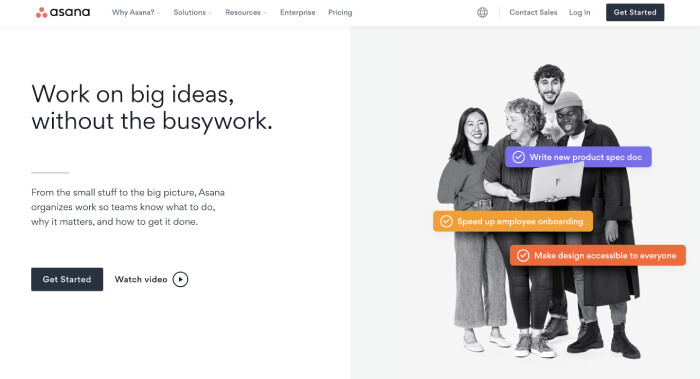 asana homepage - product management