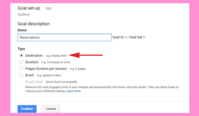 Adding goal description and destination in Google Analytics