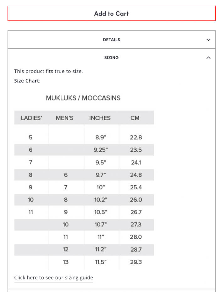 Size chart on Manitobah Mukluks product page 