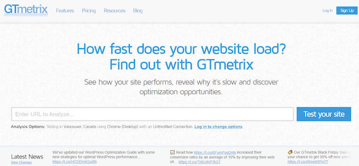 GTmetrix homepage