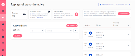 a screenshot of WatchThemLive's session replays platform