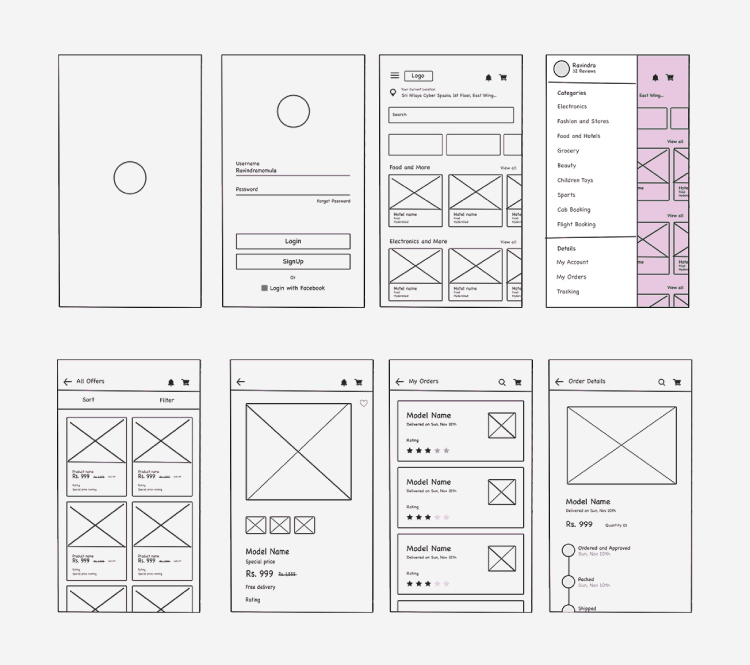 various wireframes for a mobile app