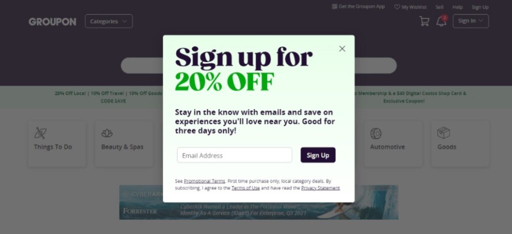Groupon: An example of email opt-in forms
