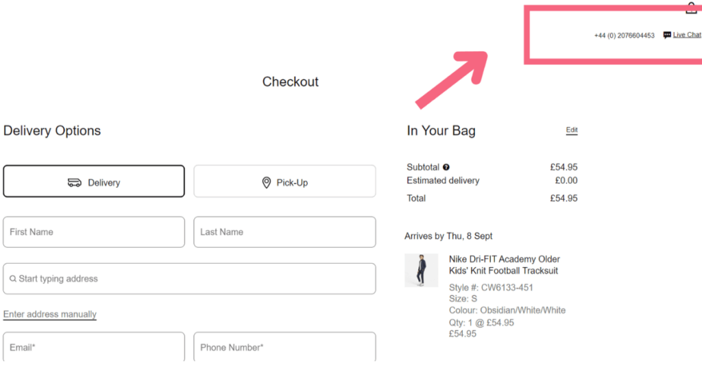 an example of easy access to support in checkout flow