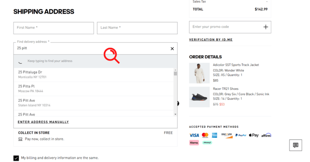 an example of smart form filling in checkout