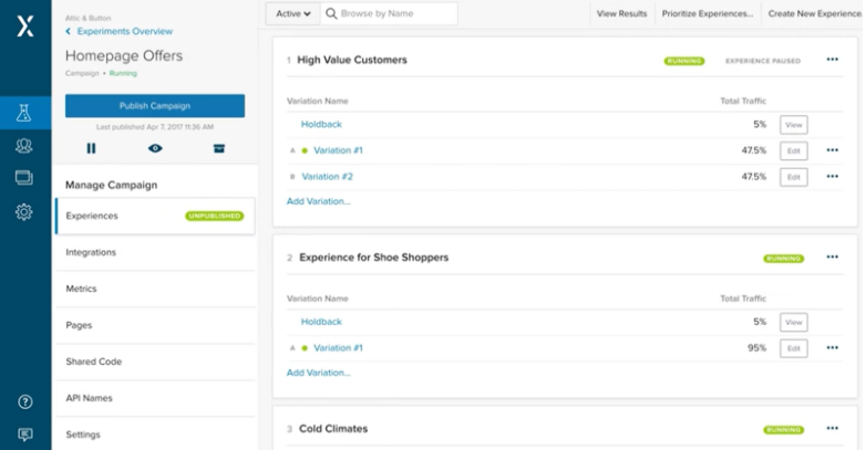 dashboard of Optimizely's website personalization