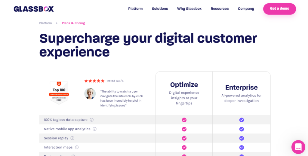 glassbox pricing page