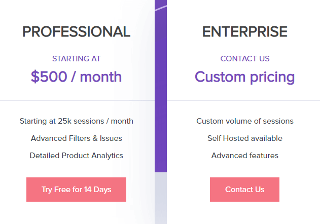 LogRocket professional and enterprise plan