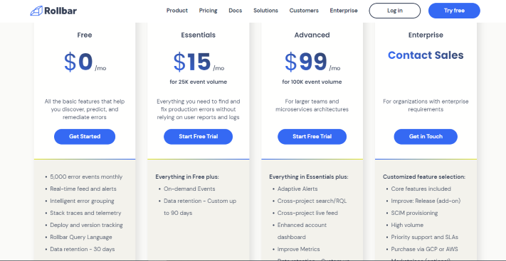 Rollbar Pricing and Plans